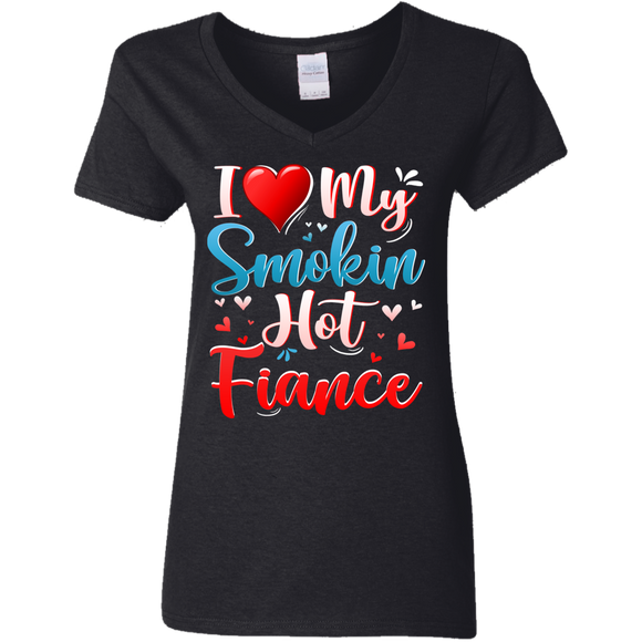 I Love My Smokin Hot Fiance Cute Valentine Couple Ladies V-Neck T-Shirt - Macnystore