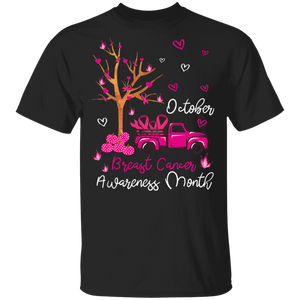 Pink Tree And Truck Butterfly October Breast Cancer Awareness Month Gifts T-Shirt - Macnystore
