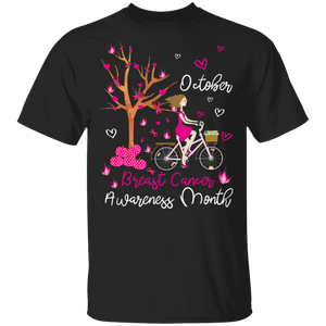 Pink Tree And Bicycle Butterfly October Breast Cancer Awareness Month Gifts T-Shirt - Macnystore