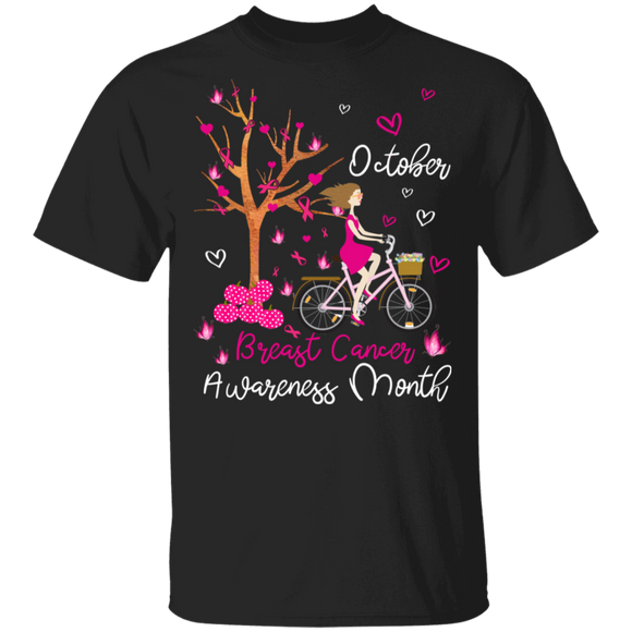 Pink Tree And Bicycle Butterfly October Breast Cancer Awareness Month Gifts T-Shirt - Macnystore