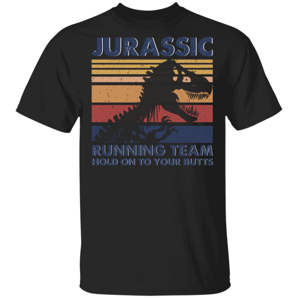 Vintage Retro Jurassic Running Team Hold On To Your Butts Funny T-Rex Skeleton Gifts T-Shirt - Macnystore