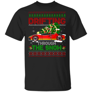 Christmas Tree Shirt Drifting Through The Snow Ugly Funny Christmas Sweater Tree On Tuning Car Driver Lover Gifts T-Shirt - Macnystore