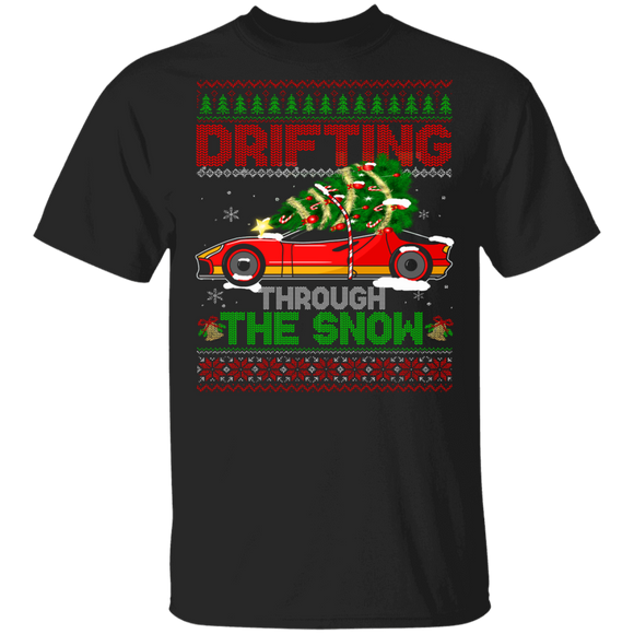 Christmas Tree Shirt Drifting Through The Snow Ugly Funny Christmas Sweater Tree On Tuning Car Driver Lover Gifts T-Shirt - Macnystore