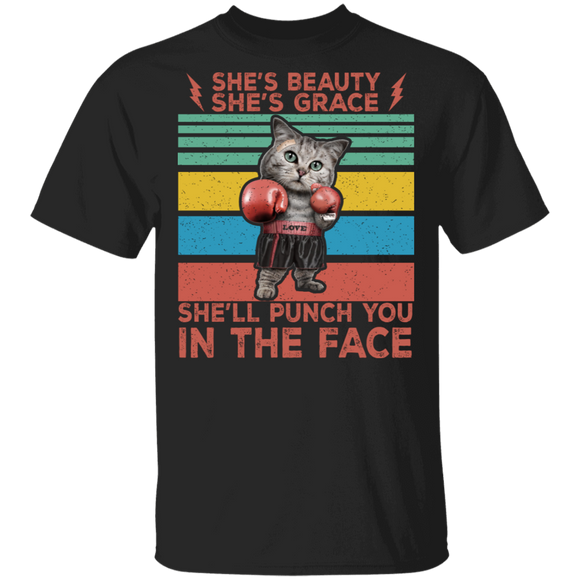 She's Beauty She's Grace She'll Punch You In The Face Cute Boxing Cat Gifts T-Shirt - Macnystore