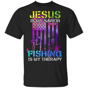 Jesus Is My Savior Fishing Is My Therapy Cool American Flag Fishing Shirt Matching Fishing Lover Fans Fisher Gifts T-Shirt - Macnystore