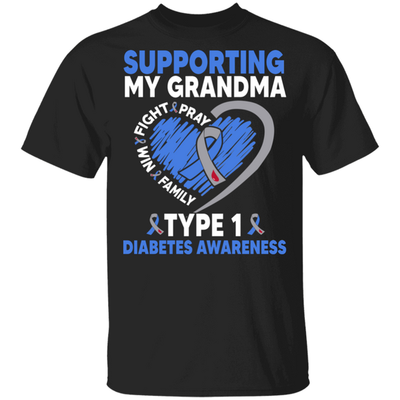 Diabetes Awareness Shirt Supporting My Grandma Type 1 Diabetes Cool T1D Kids Diabetic Awareness Ribbon Heart Grandma Family Gifts T-Shirt - Macnystore