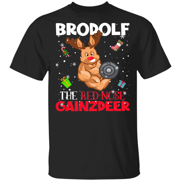 Christmas Reindeer Shirt Brodolf The Red Nose Gainzdeer Funny Christmas Reindeer Men Gym Fitness Workout Lover Gifts T-Shirt - Macnystore