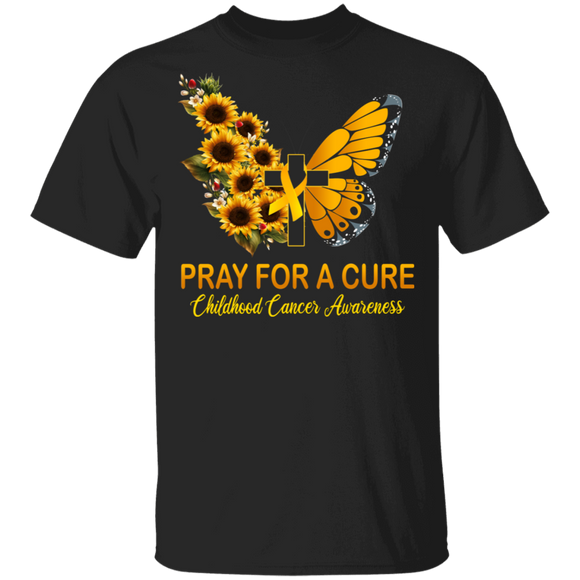 Childhood Cancer Awareness Shirt Pray For A Cure Childhood Cancer Awareness Cool Sunflower God Butterfly Lover Shirt T-Shirt - Macnystore