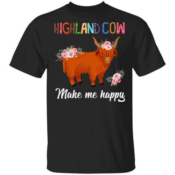Highland Make Me Happy Cute Floral Cow Lover Farmer Gifts T-Shirt - Macnystore