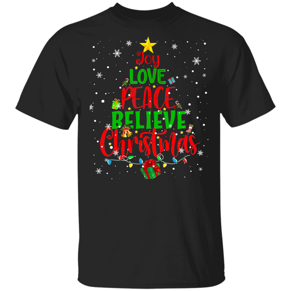 Christmas Tree Shirt Joy Love Peace Believe Christmas Funny Christmas Tree Light Lover Gifts T-Shirt - Macnystore