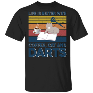 Cat Lover Shirt Vintage Retro Life Is Better With Coffee Cat And Darts Cool Cat Coffee Darts Lover Gifts T-Shirt - Macnystore