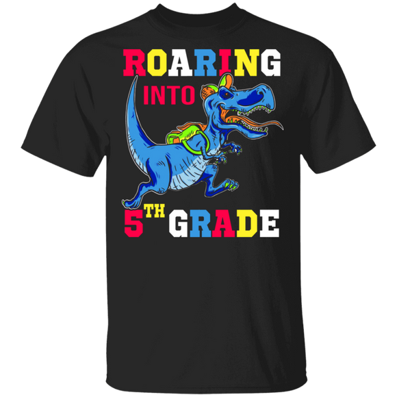 Dinosaurs Roaring Into 5th Grade Shirt Funny T-Rex Back To School Gifts T-Shirt - Macnystore