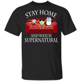 Stay Home And Watch Supernatural Funny Shrimp Turkey Penguin Sit On Sofa Shirt Matching Men Women Gifts T-Shirt - Macnystore