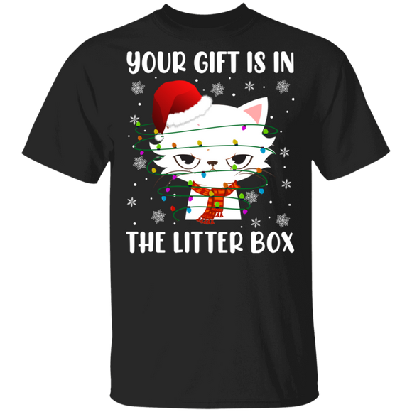 Christmas Cat Shirt Your Gift Is In The Litter Box Funny Christmas Light Santa Angry Cat Lover Gifts T-Shirt - Macnystore