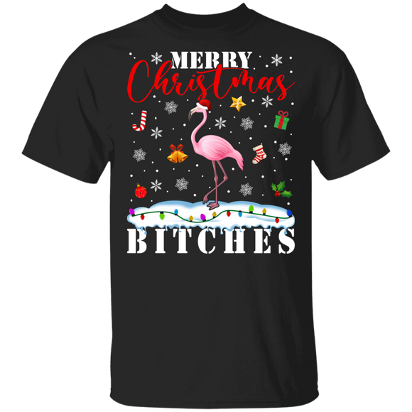 Christmas Flamingo Shirt Merry Christmas Bitches Sarcastic Christmas Santa Flamingo Lover Gifts T-Shirt - Macnystore