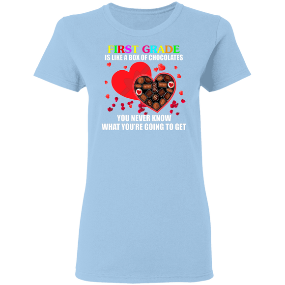 First Grade Is Like A Box Of Chocolates Matching Shirts For Elementary Middle Teacher Personalized Valentine Gifts Ladies T-Shirt - Macnystore