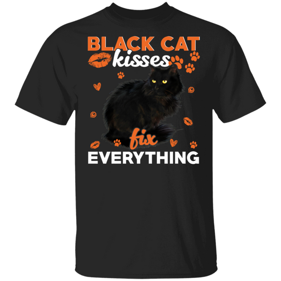 Halloween Cat Lover Shirt Black Cat Kisses Fix Everything Cute Halloween Black Cat Lover Gifts Halloween T-Shirt - Macnystore