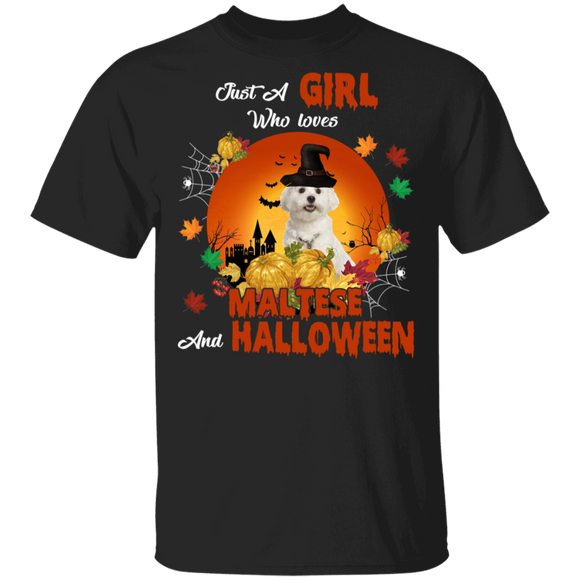 Cute Just A Girl Who Loves Maltese Dog And Halloween Witch T-Shirt - Macnystore