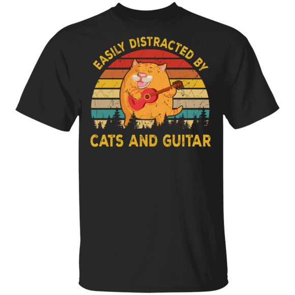 Vintage Retro Easily Distracted By Cats And Guitar Funny Cat Lover Guitarist Gifts T-Shirt - Macnystore
