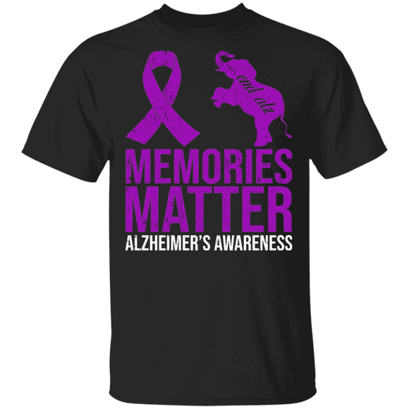 Memories Matter Alzheimer's Awareness Cute Purple Ribbon Elephant Gifts T-Shirt - Macnystore