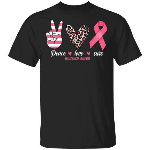 Peace Love Cure Pink Ribbon Leopard Breast Cancer Awareness Gifts T-Shirt - Macnystore