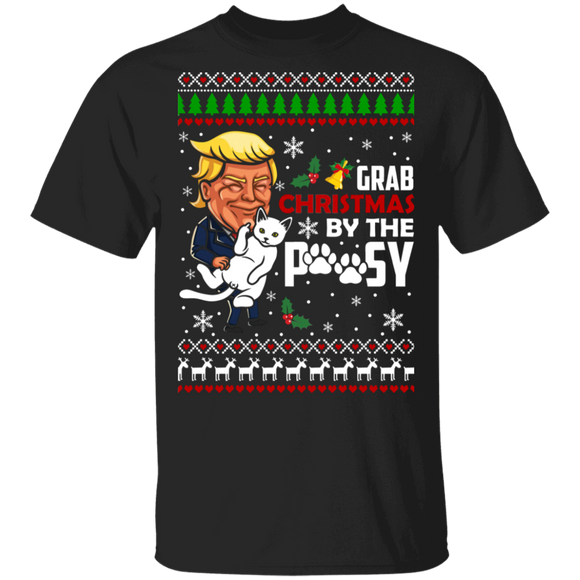 Christmas Cat Lover Shirt Grab Christmas By The Pussy Cat Funny Ugly Christmas Sweater Trump Cat Lover Gifts Christmas T-Shirt - Macnystore