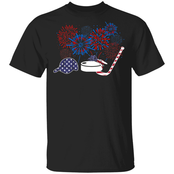 Cool Firework American Flag Hockey Shirt Matching Hockey Player Lover Fans 4th Of July United States Independence Day Gifts T-Shirt - Macnystore