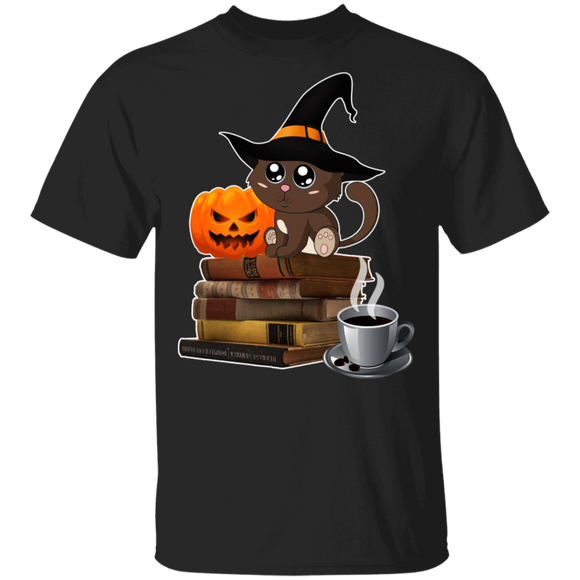 Halloween Shirt Witch Cat Halloween Cat Book Coffee Lover Gifts Halloween T-Shirt - Macnystore