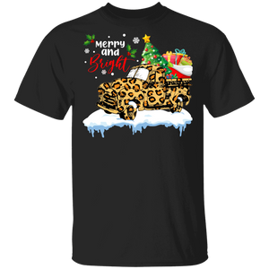 Christmas Leopard Plaid Truck Merry And Bright Funny Tree On Truck Xmas Leopard T-Shirt - Macnystore