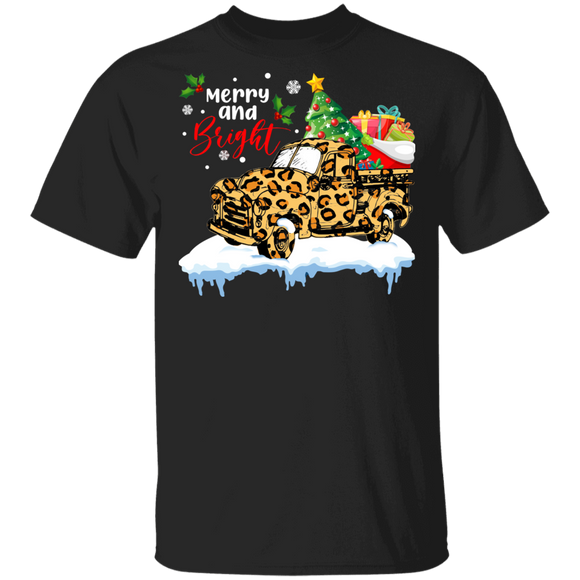 Christmas Leopard Plaid Truck Merry And Bright Funny Tree On Truck Xmas Leopard T-Shirt - Macnystore