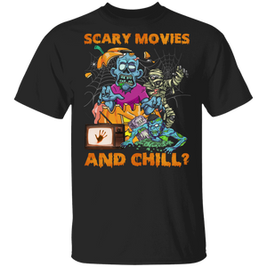 Scary Movies and Chill Horror Movie Fan Halloween Mummy Zombie T-Shirt - Macnystore