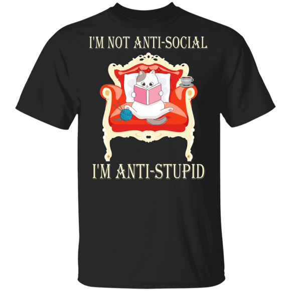 I'm Not Anti-Social I'm Anti-Stupid Cute Cat Reading Book Cat Lover Reader Gifts T-Shirt - Macnystore