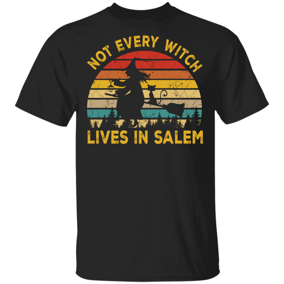 Halloween Witch Shirt Vintage Retro Not Every Witch Lives In Salem Cool Halloween Witch Cat Lover Gifts Halloween T-Shirt - Macnystore
