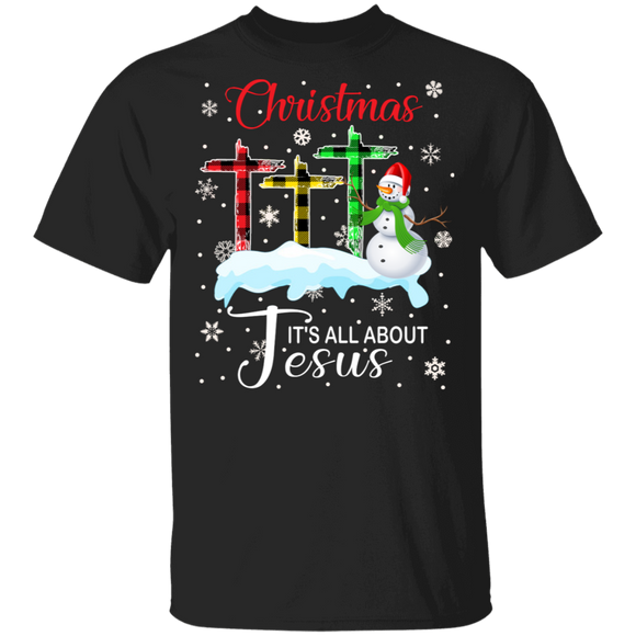 Christmas Snowman Shirt Christmas It's All About Jesus Cool Christmas Christian Cross Plaid Snowman Lover Gifts Christmas T-Shirt - Macnystore