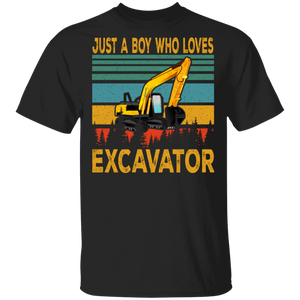 Vintage Retro Just A Boy Who Loves Excavator Funny Excavator Lover Gifts T-Shirt - Macnystore