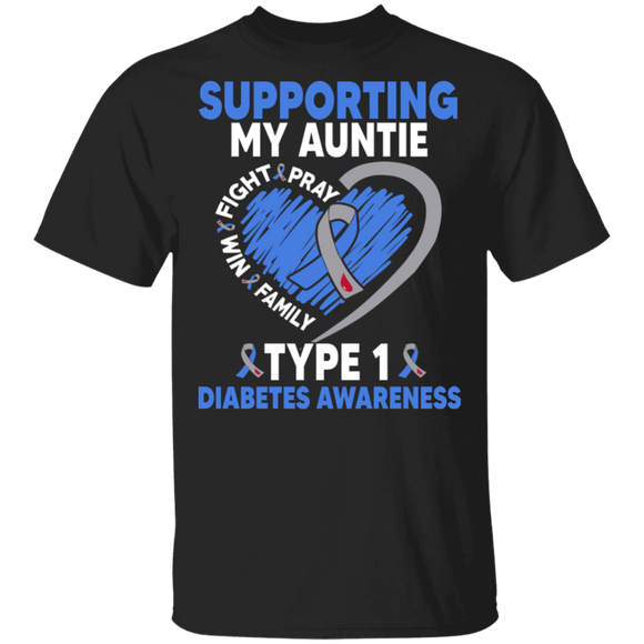 Diabetes Awareness Shirt Supporting My Auntie Type 1 Diabetes Cool T1D Kids Diabetic Awareness Ribbon Heart Auntie Family Gifts T-Shirt - Macnystore