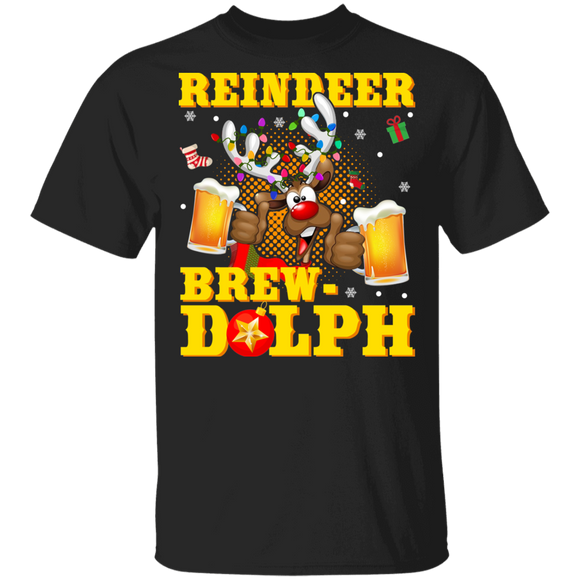 Rudolph Reindeer Brewdolph Beer Lover Xmas Light Drunker Drinking Christmas T-Shirt - Macnystore