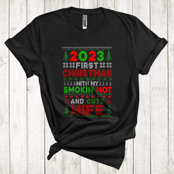 MacnyStore - 2023 First Christmas With My Smokin Hot And Cute Wife Matching Family Xmas Sweater T-Shirt