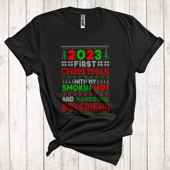 MacnyStore - 2023 First Christmas With My Smokin Hot And Handsome Boyfriend Matching Couple Xmas Sweater T-Shirt