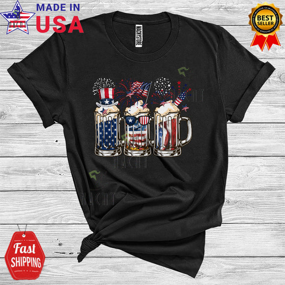 MacnyStore - 4th Of July Beer Sunglasses Red White Blue USA Flag Fireworks Patriotic Drinking Lover T-Shirt