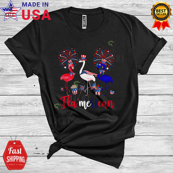 MacnyStore - 4th Of July Fla'merican Funny Red White Blue Flamingo Fireworks Patriotic T-Shirt