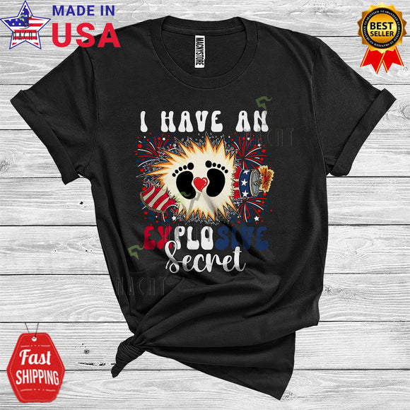 MacnyStore - 4th Of July I Have An Explosive Secret Funny Firecracker Baby Footprint Pregnancy Announcement T-Shirt