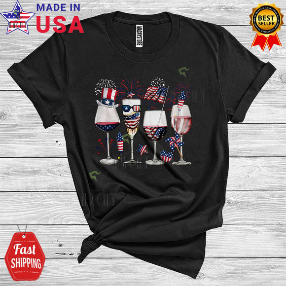 MacnyStore - 4th Of July Wine Red White Blue USA Flag Fireworks Patriotic Drinking Lover T-Shirt