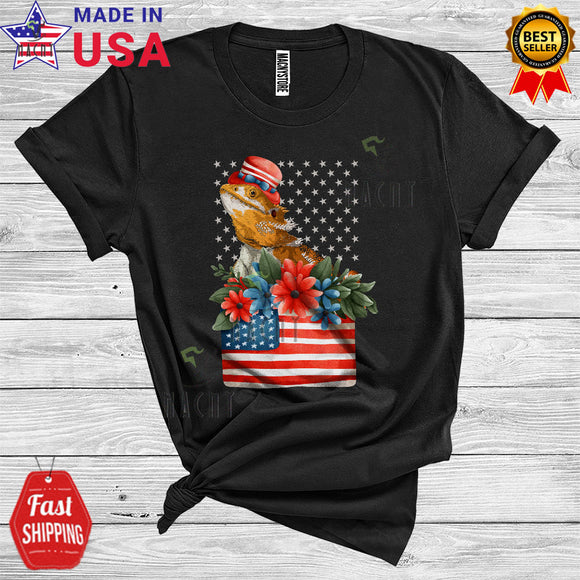 MacnyStore - 4th Of July Bearded Dragon Wearing Hat Cute Floral Animal Lover USA Flag Patriotic T-Shirt