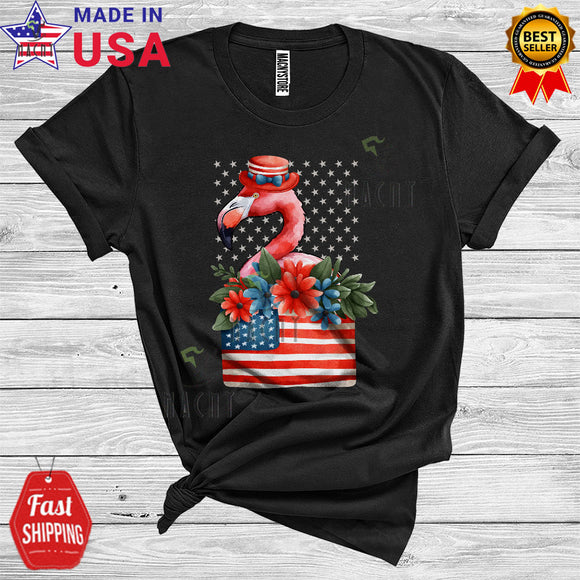 MacnyStore - 4th Of July Flamingo Wearing Hat Cute Floral Animal Lover USA Flag Patriotic T-Shirt