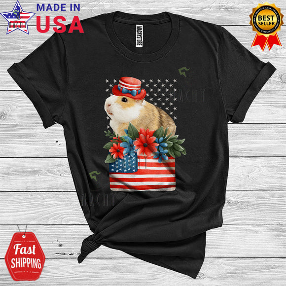 MacnyStore - 4th Of July Guinea Pig Wearing Hat Cute Floral Animal Lover USA Flag Patriotic T-Shirt