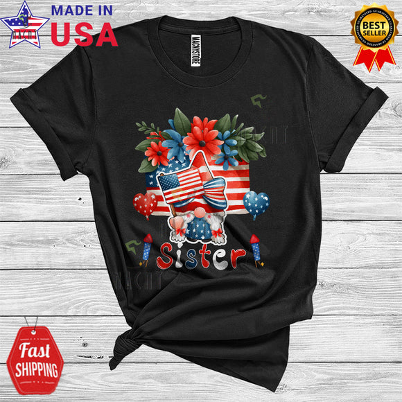 MacnyStore - 4th Of July Sister Gnome Cute Floral Lover American Flag Family Group T-Shirt