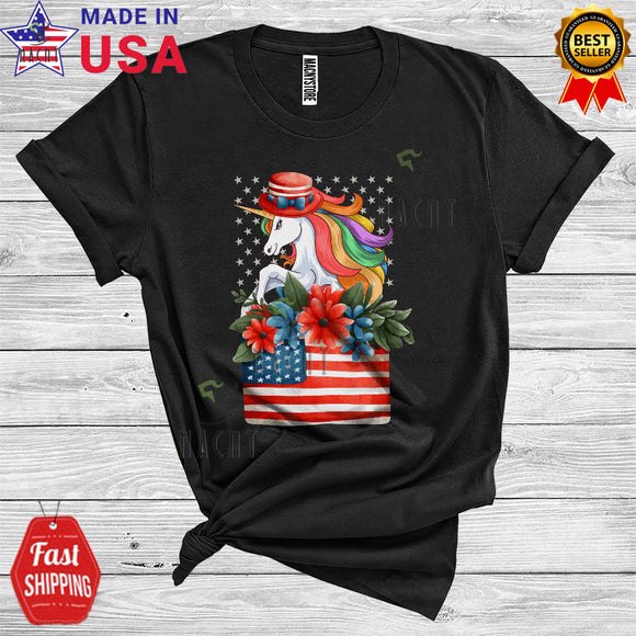 MacnyStore - 4th Of July Unicorn Wearing Hat Cute Floral Animal Lover USA Flag Patriotic T-Shirt