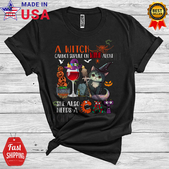 MacnyStore - A Witch Cannot Survive On Wine Alone Needs A Cat Funny Cat Witch Drinking Lover Halloween T-Shirt