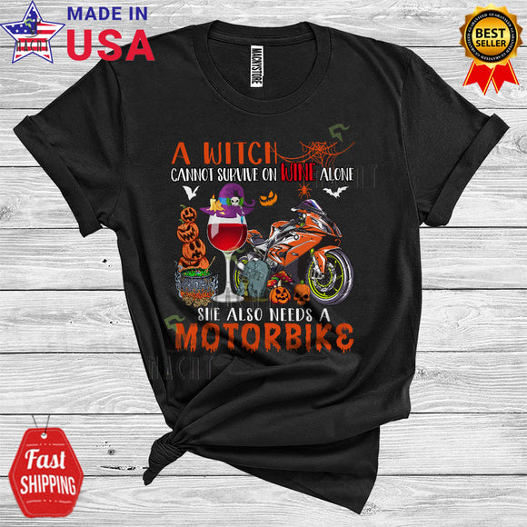 MacnyStore - A Witch Cannot Survive On Wine Alone Needs A Motorbike Funny Drinking Riding Lover Halloween T-Shirt